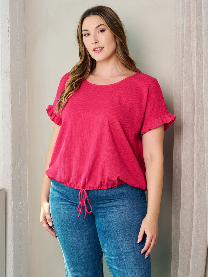 PLUS SIZE SHORT RUFFLE SLEEVE SELF TIE TOP