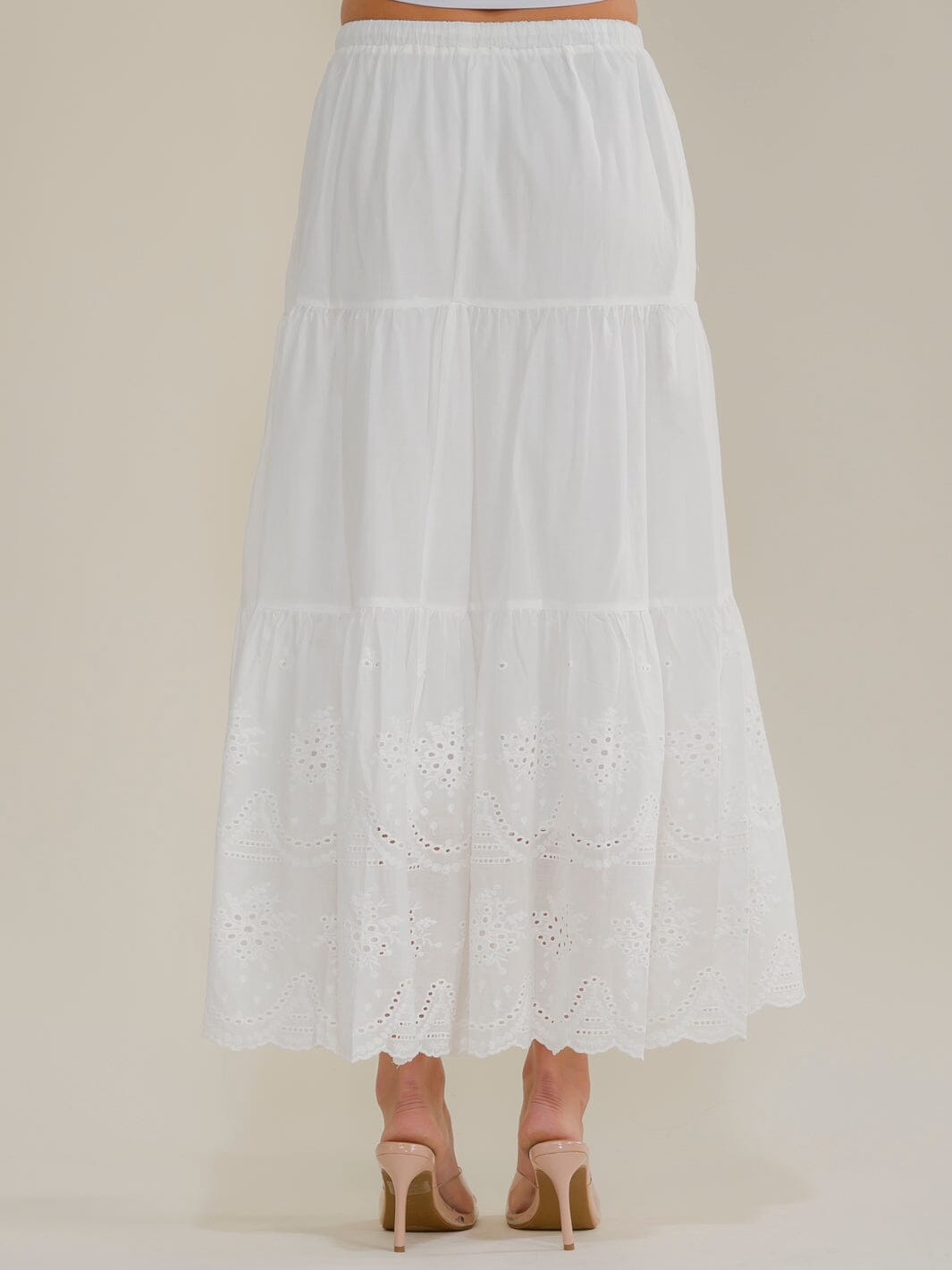WOMEN'S ELASTIC WAIST SELF TIE TIERED EYELET MAXI SKIRT