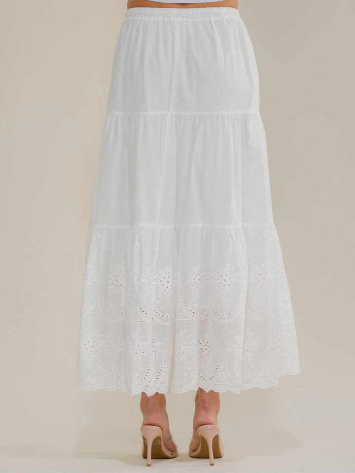 WOMEN'S ELASTIC WAIST SELF TIE TIERED EYELET MAXI SKIRT