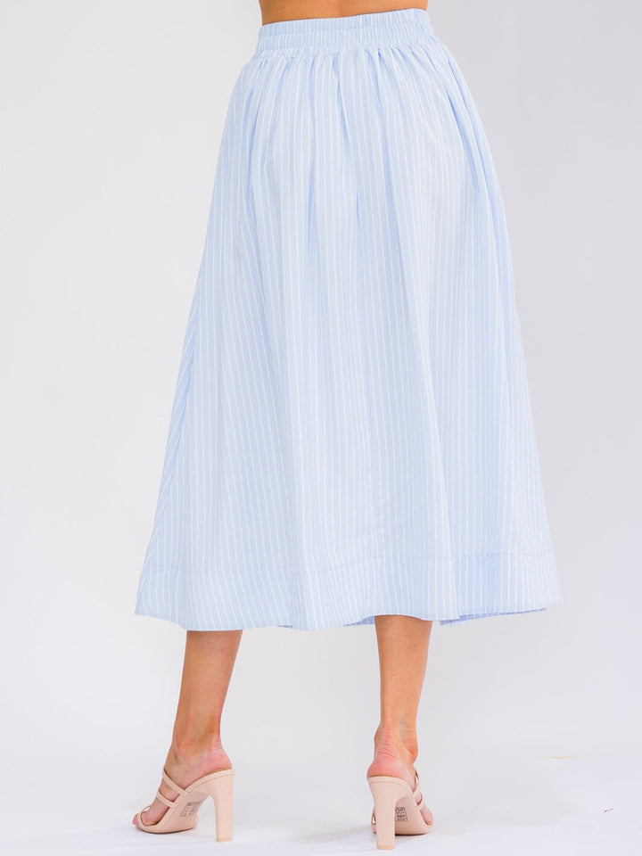 WOMEN'S ELASTIC WAIST FRONT POCKETS COLORBLOCK STRIPES MIDI SKIRT