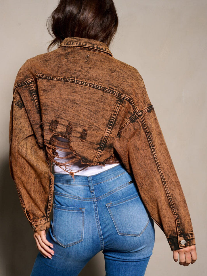 WOMEN'S LONG SLEEVE BUTTON CLOSURE DISTRESS DENIM CROP JACKET
