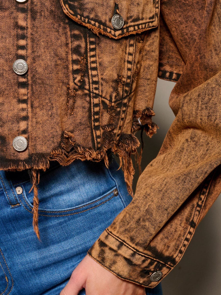 WOMEN'S LONG SLEEVE BUTTON CLOSURE DISTRESS DENIM CROP JACKET