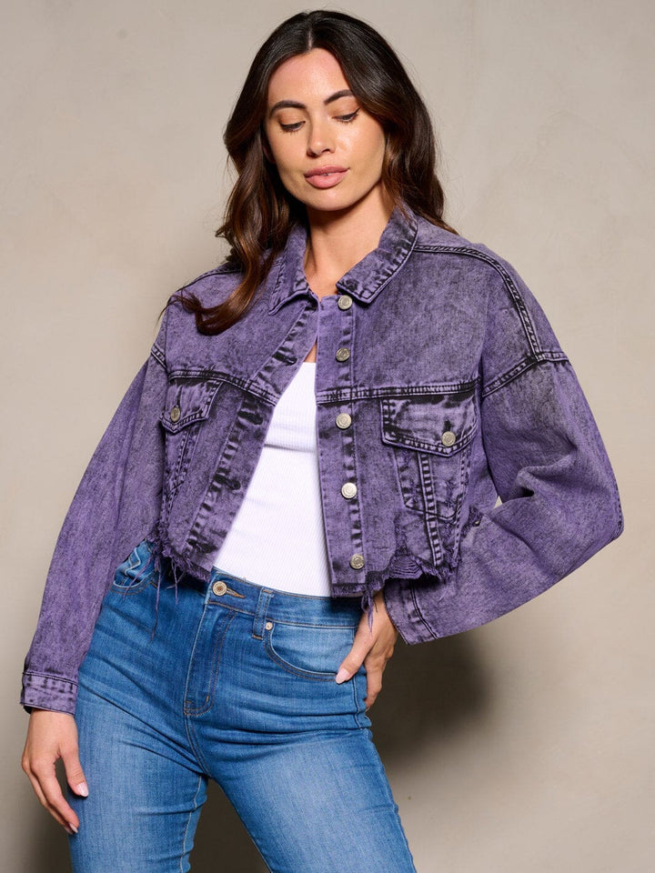 WOMEN'S LONG SLEEVE BUTTON CLOSURE DISTRESS DENIM CROP JACKET