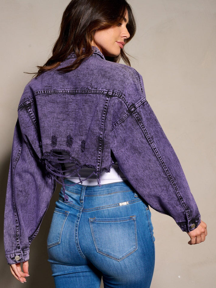WOMEN'S LONG SLEEVE BUTTON CLOSURE DISTRESS DENIM CROP JACKET