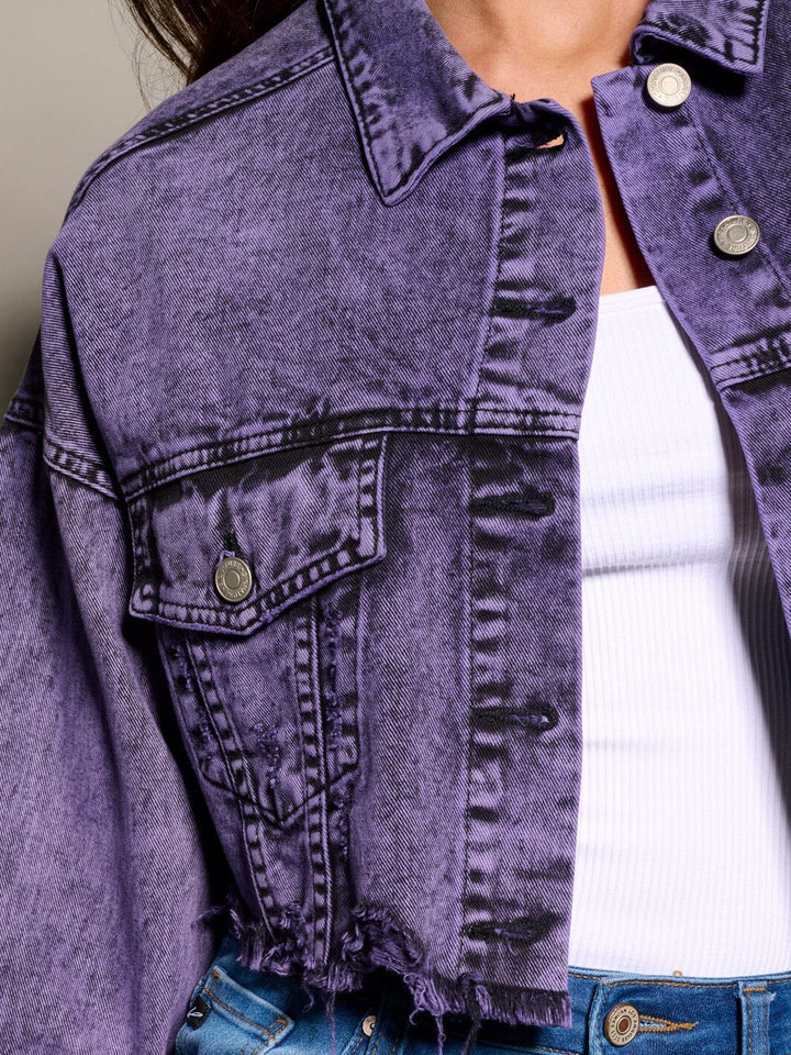 WOMEN'S LONG SLEEVE BUTTON CLOSURE DISTRESS DENIM CROP JACKET