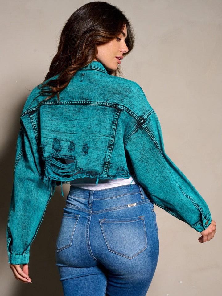 WOMEN'S LONG SLEEVE BUTTON CLOSURE DISTRESS DENIM CROP JACKET