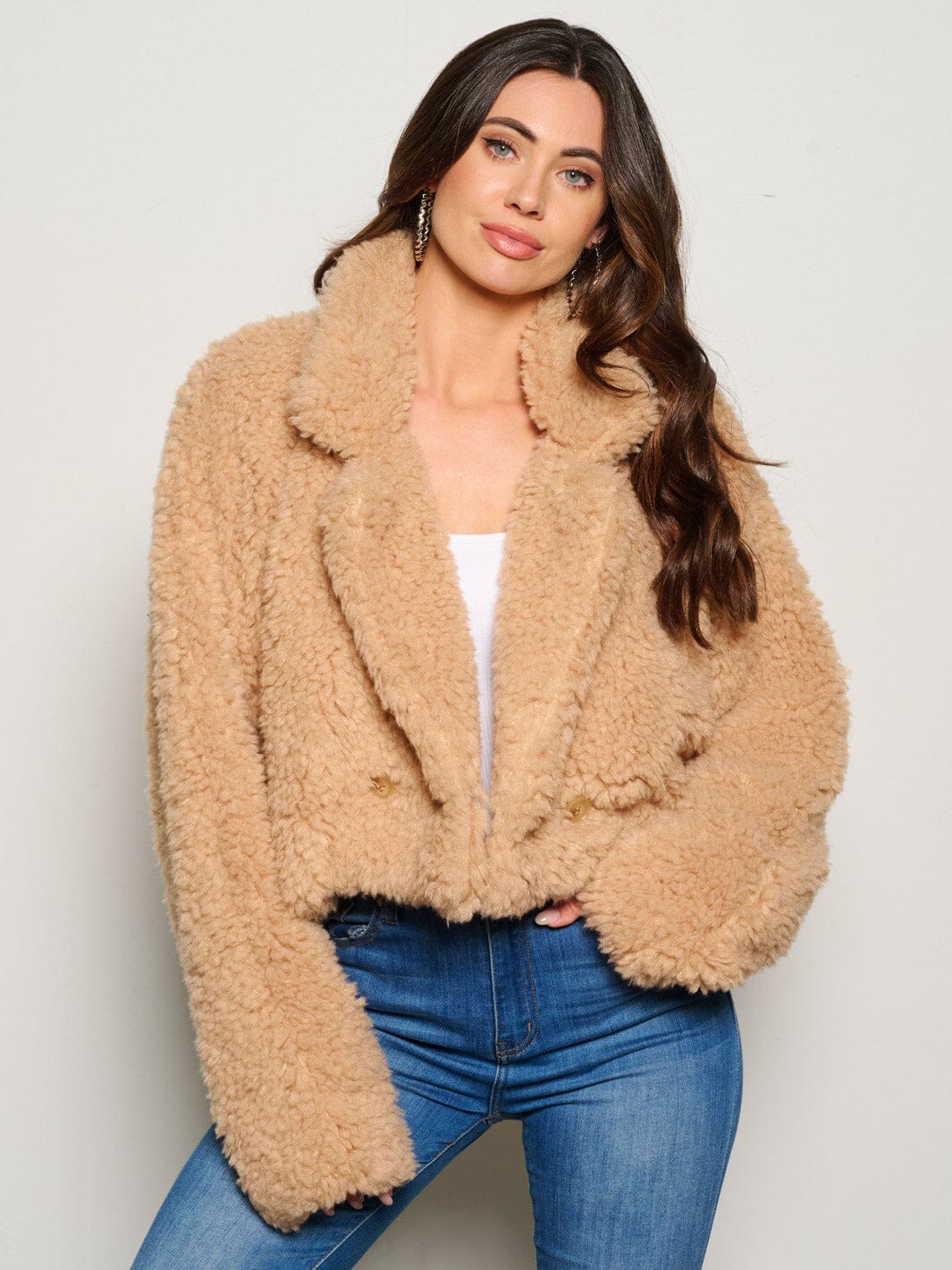 WOMEN'S LONG SLEEVE BUTTON CLOSURE SHERPA JACKET