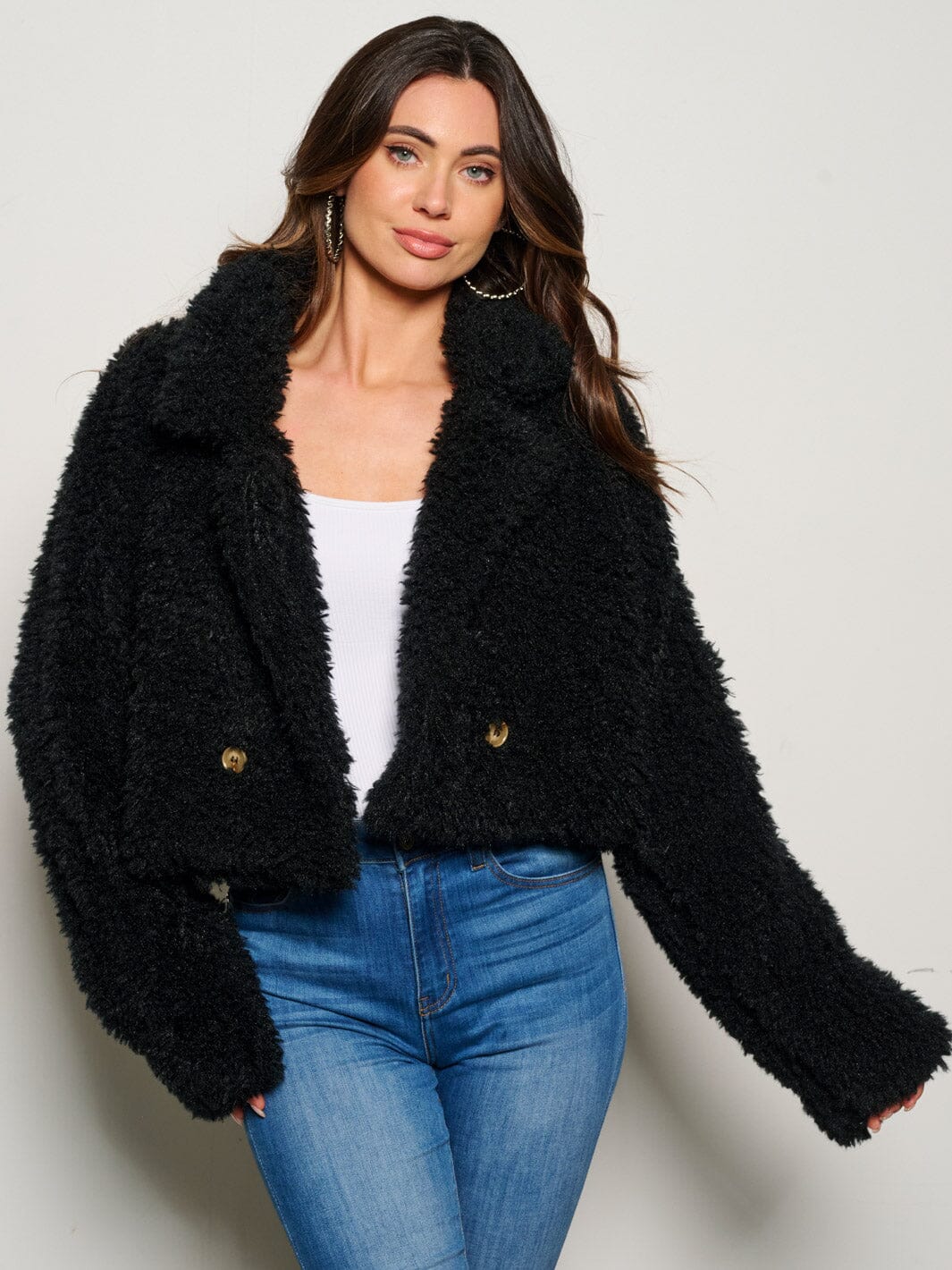 WOMEN'S LONG SLEEVE BUTTON CLOSURE SHERPA JACKET
