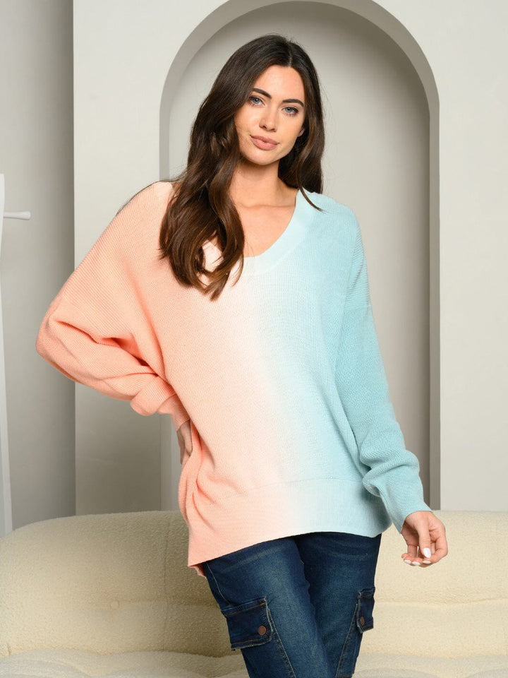 WOMEN'S LONG SLEEVE V-NECK COLOR BLOCK SWEATER