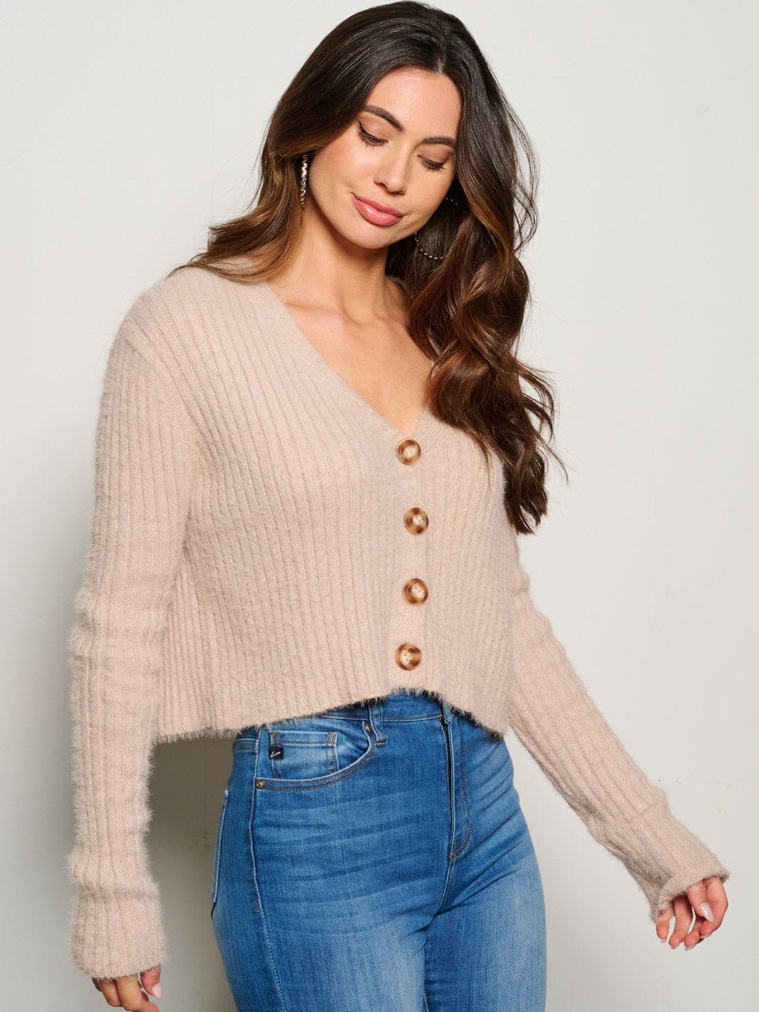 WOMEN'S LONG SLEEVE BUTTON UP FUZZY CARDIGAN