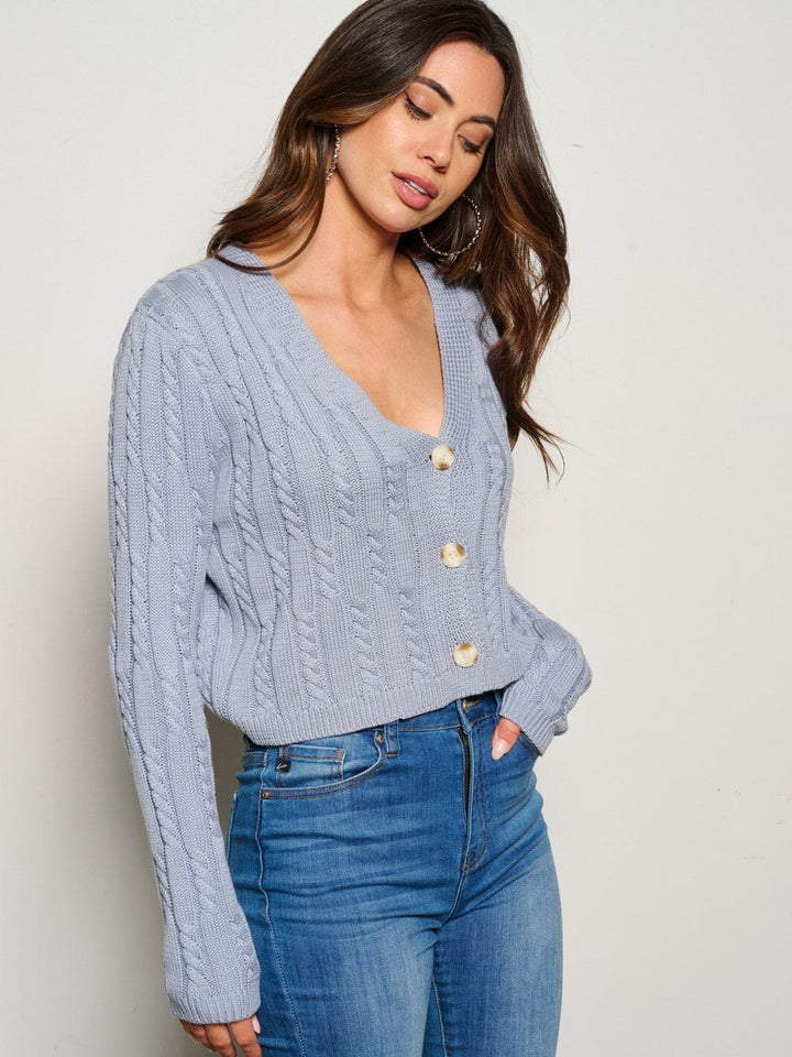 WOMEN'S LONG SLEEVE BUTTON UP CABLW KNIT CARDIGAN