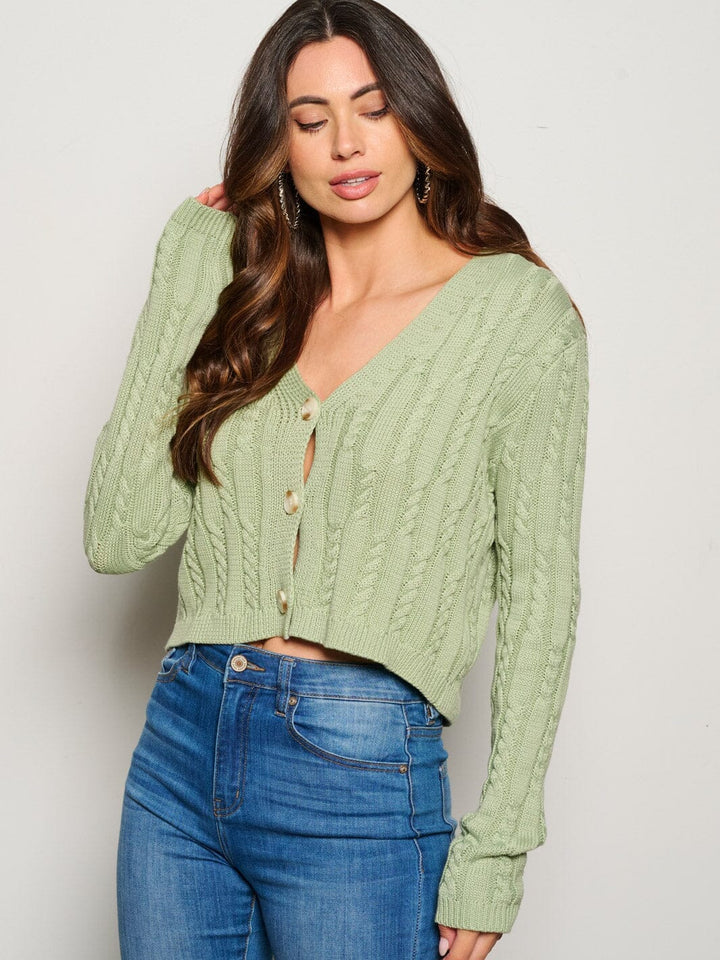WOMEN'S LONG SLEEVE BUTTON UP CABLW KNIT CARDIGAN