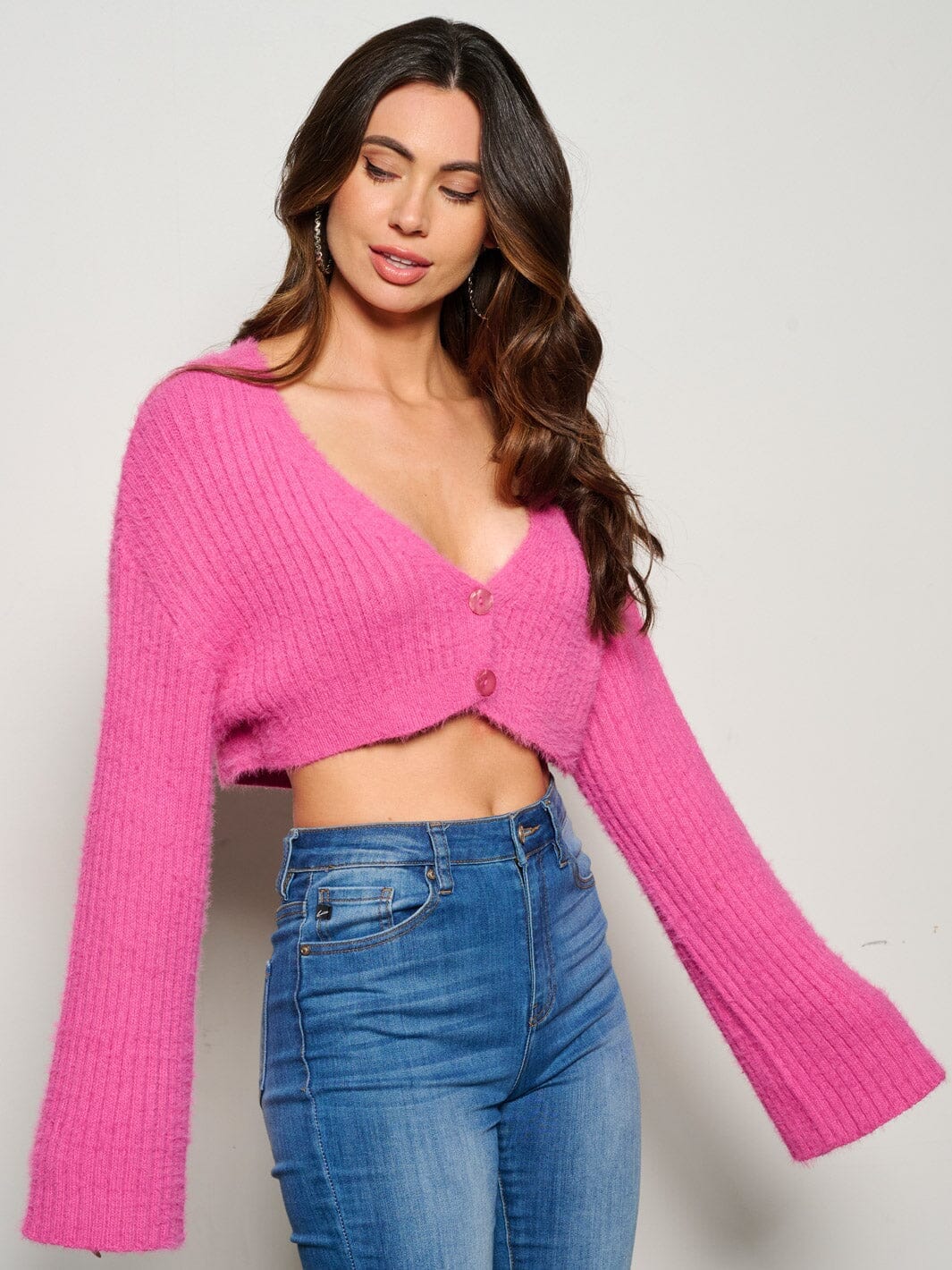 WOMEN'S LONG BELL SLEEVE BUTTON UP CROP TOP