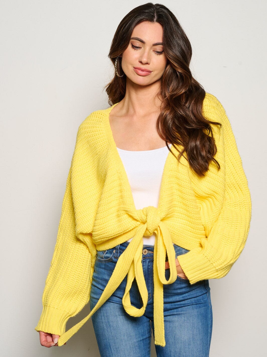 WOMEN'S LONG SLEEVE SELF TIE KNITTED CARDIGAN