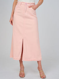 WOMEN'S BUTTON CLOSURE POCKETS FRONT SLIT DENIM MAXI SKIRT