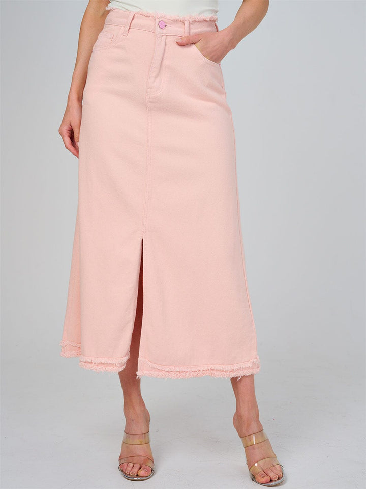 WOMEN'S BUTTON CLOSURE POCKETS FRONT SLIT DENIM MAXI SKIRT