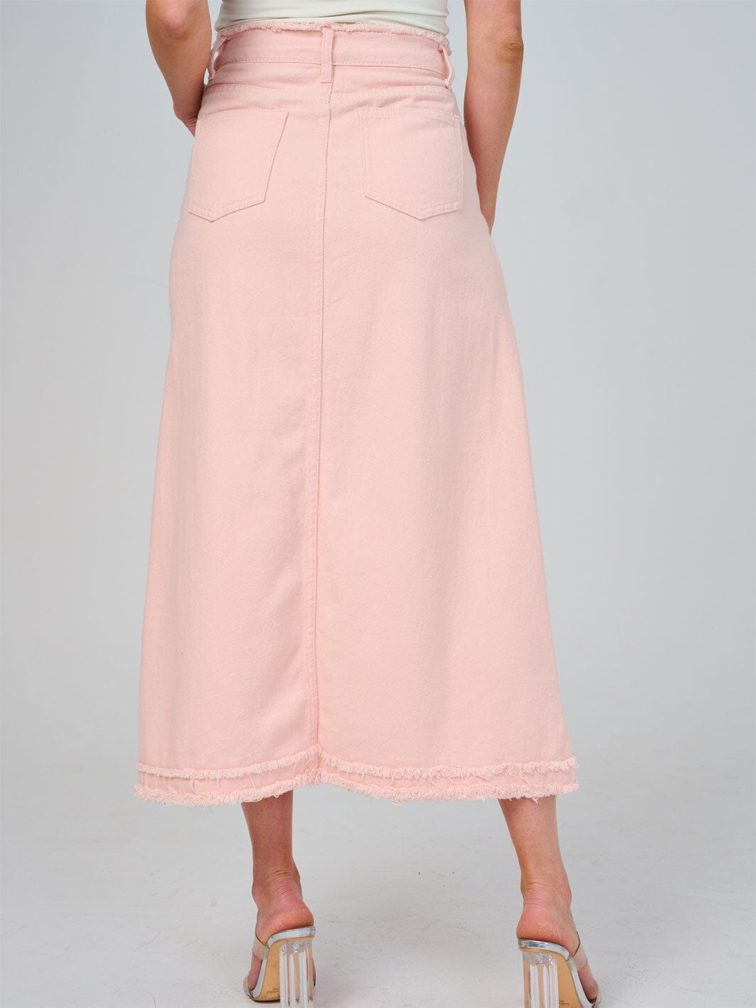WOMEN'S BUTTON CLOSURE POCKETS FRONT SLIT DENIM MAXI SKIRT