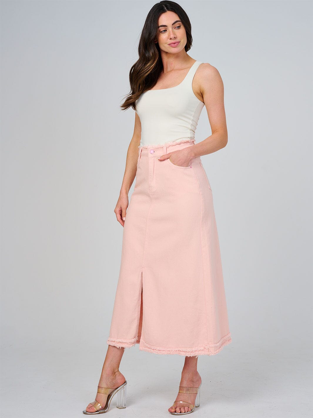 WOMEN'S BUTTON CLOSURE POCKETS FRONT SLIT DENIM MAXI SKIRT