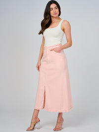 WOMEN'S BUTTON CLOSURE POCKETS FRONT SLIT DENIM MAXI SKIRT
