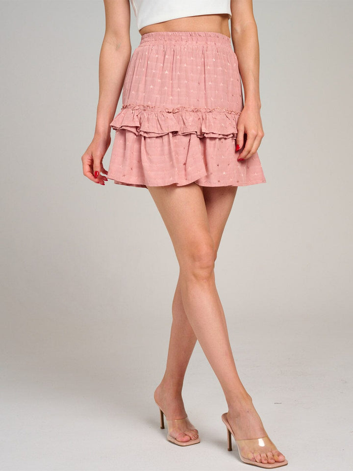 WOMEN'S ELASTIC WAIST TIERED RUFFLE STARS PRINT MINI SKIRT