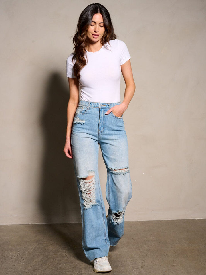 WOMEN'S BUTTON CLOSURE POCKETS DISTRESS DENIM PANTS