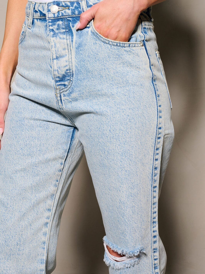 WOMEN'S BUTTON CLOSURE POCKETS DISTRESS DENIM PANTS
