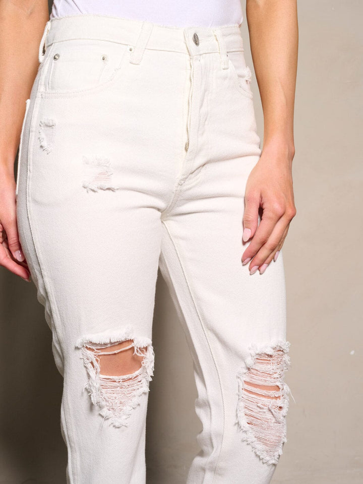 WOMEN'S BUTTON CLOSURE DISTRESS DENIM PANTS