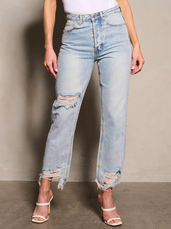 WOMEN'S BUTTON CLOSURE DISTRESS DENIM PANTS