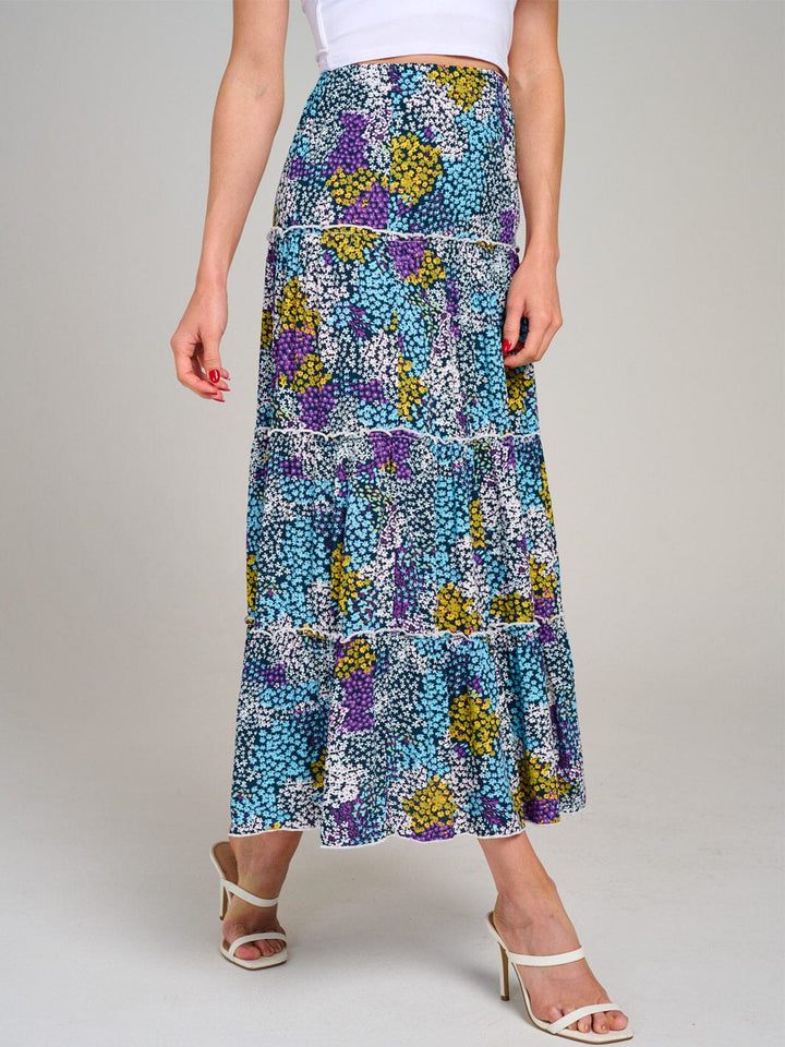 WOMEN'S ELASTIC WAIST TIERED FLORAL MULTI MAXI SKIRT