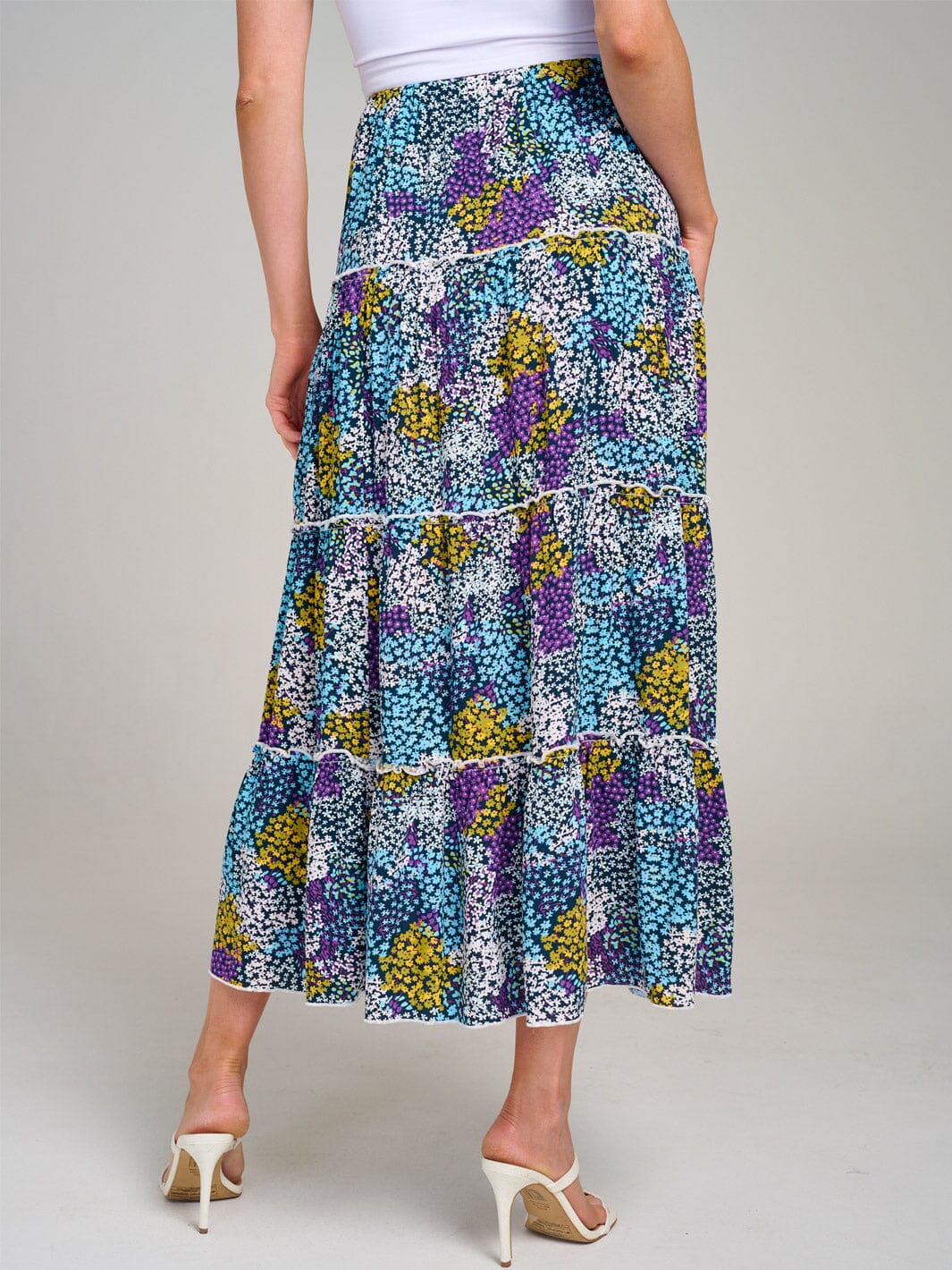 WOMEN'S ELASTIC WAIST TIERED FLORAL MULTI MAXI SKIRT