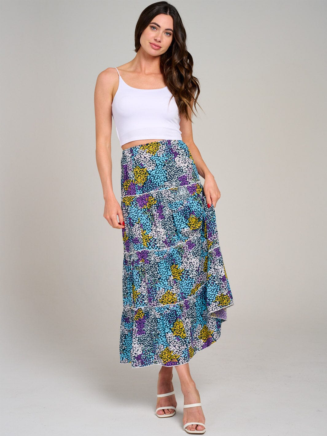 WOMEN'S ELASTIC WAIST TIERED FLORAL MULTI MAXI SKIRT