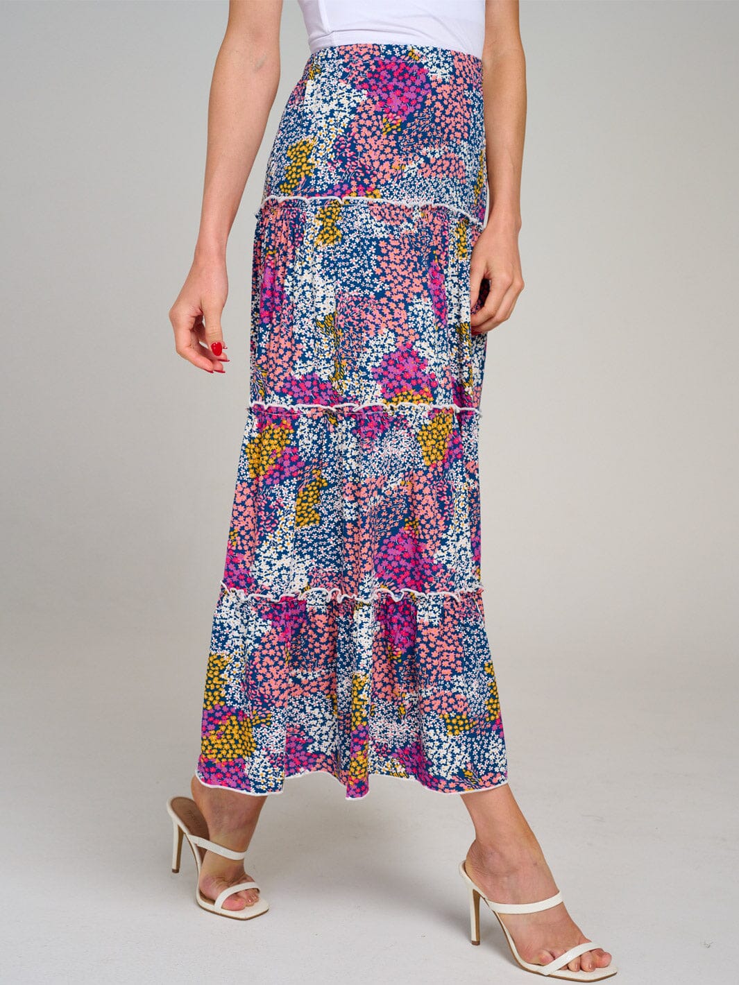 WOMEN'S ELASTIC WAIST TIERED FLORAL MULTI MAXI SKIRT