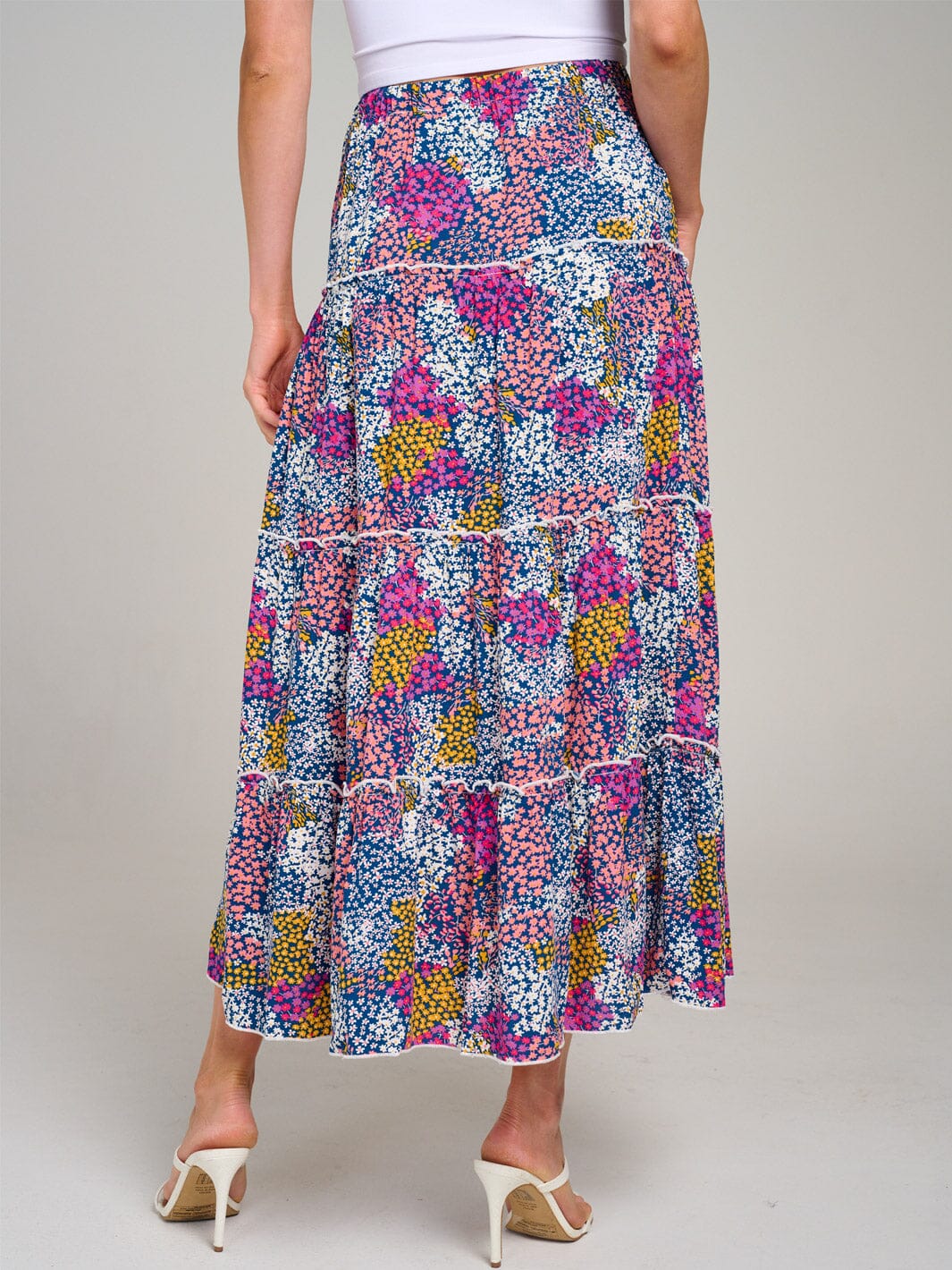 WOMEN'S ELASTIC WAIST TIERED FLORAL MULTI MAXI SKIRT