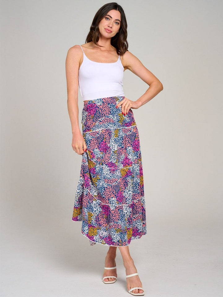 WOMEN'S ELASTIC WAIST TIERED FLORAL MULTI MAXI SKIRT