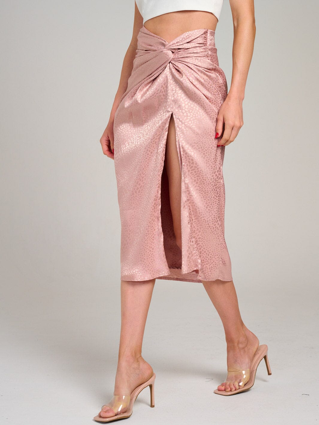 WOMEN'S ZIP UP ANIMAL PRINT RUCHED FRONT SLIT MIDI SKIRT