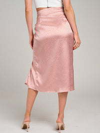 WOMEN'S ZIP UP ANIMAL PRINT RUCHED FRONT SLIT MIDI SKIRT