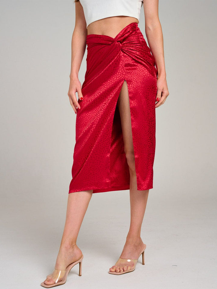 WOMEN'S ZIP UP ANIMAL PRINT RUCHED FRONT SLIT MIDI SKIRT