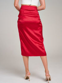 WOMEN'S ZIP UP ANIMAL PRINT RUCHED FRONT SLIT MIDI SKIRT