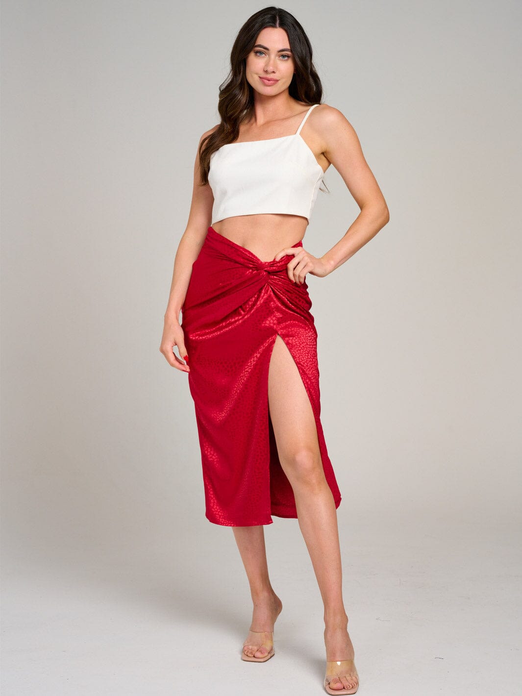 WOMEN'S ZIP UP ANIMAL PRINT RUCHED FRONT SLIT MIDI SKIRT