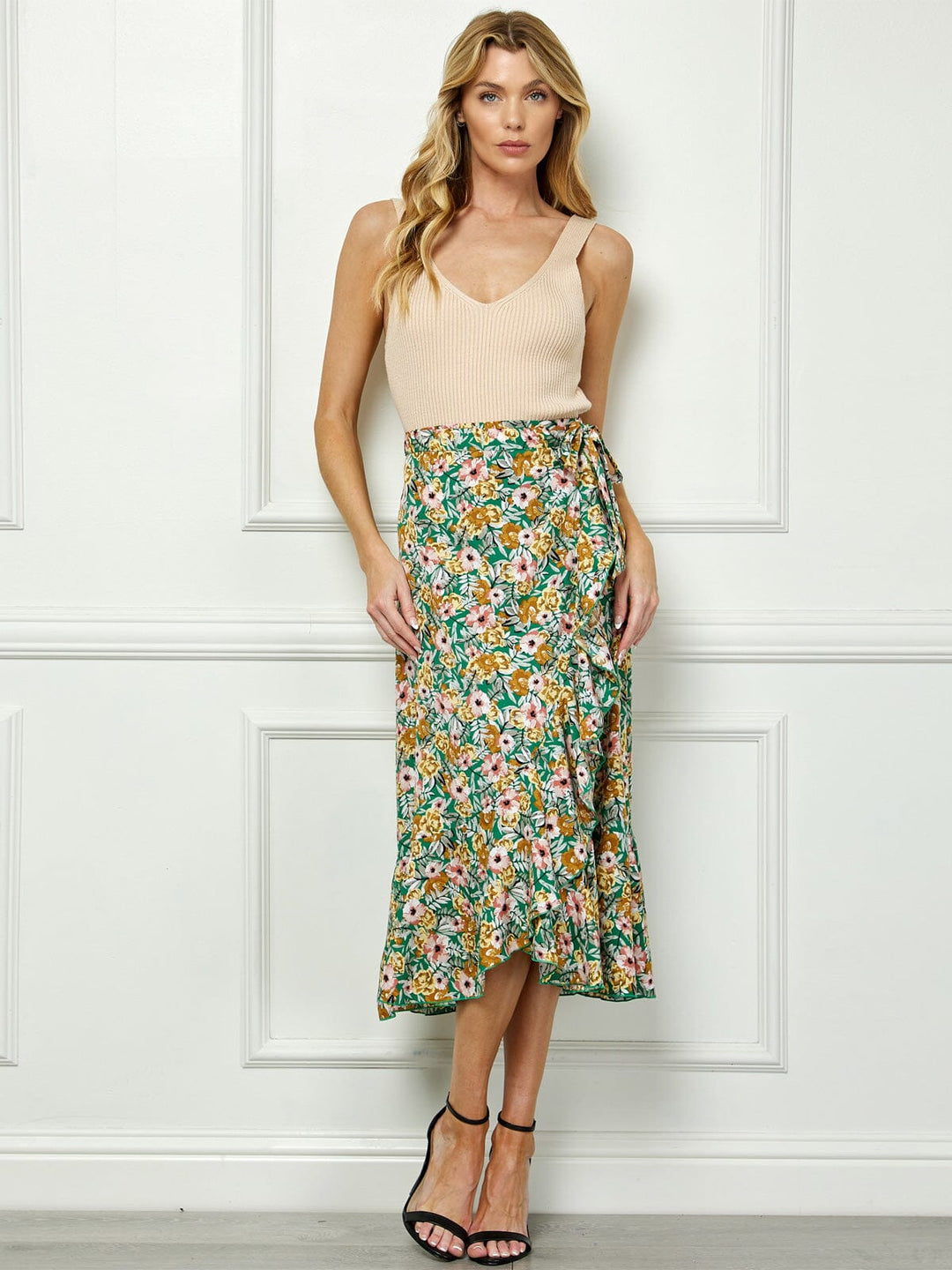 WOMEN'S SELF TIE RUFFLE FLORAL WRAP MIDI SKIRT