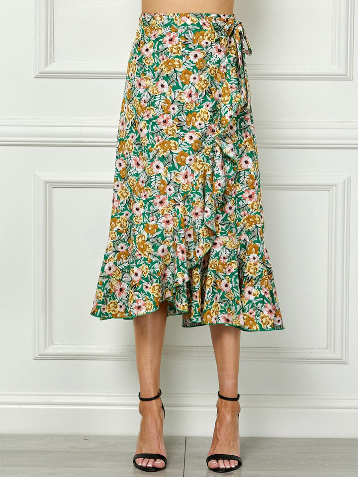 WOMEN'S SELF TIE RUFFLE FLORAL WRAP MIDI SKIRT