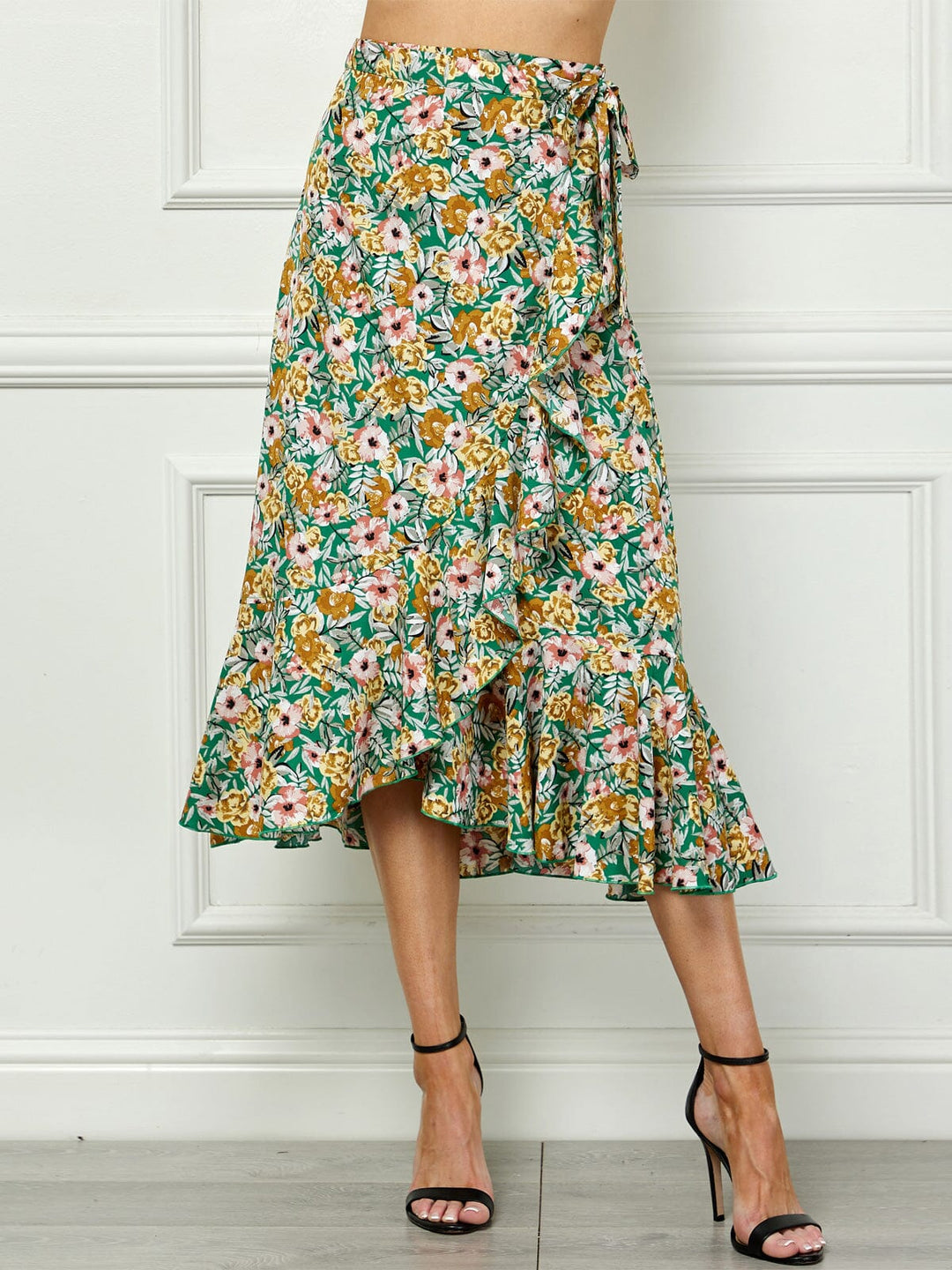 WOMEN'S SELF TIE RUFFLE FLORAL WRAP MIDI SKIRT