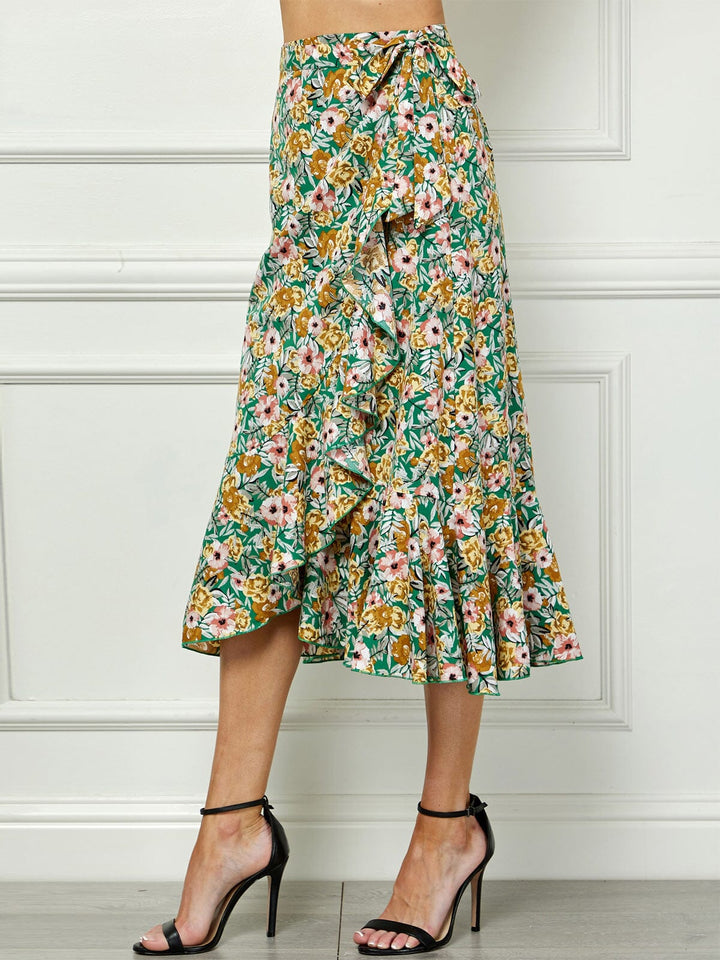 WOMEN'S SELF TIE RUFFLE FLORAL WRAP MIDI SKIRT