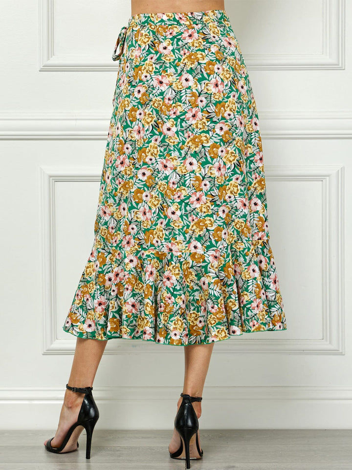 WOMEN'S SELF TIE RUFFLE FLORAL WRAP MIDI SKIRT