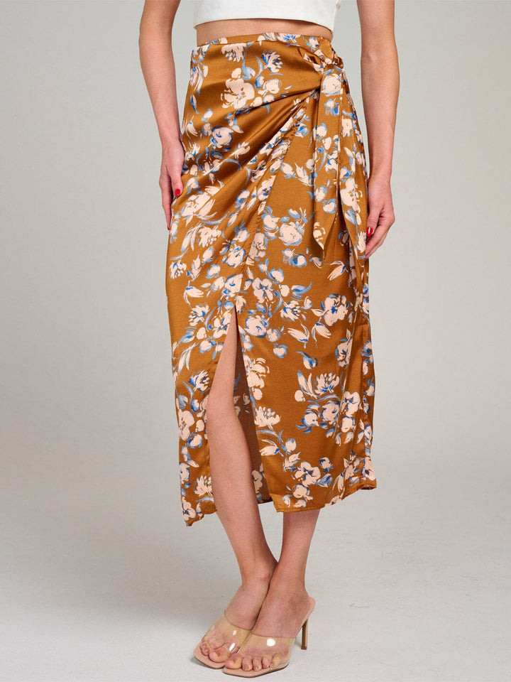 WOMEN'S ELASTIC WAIST FLOWER PRINT WRAP MIDI SKIRT