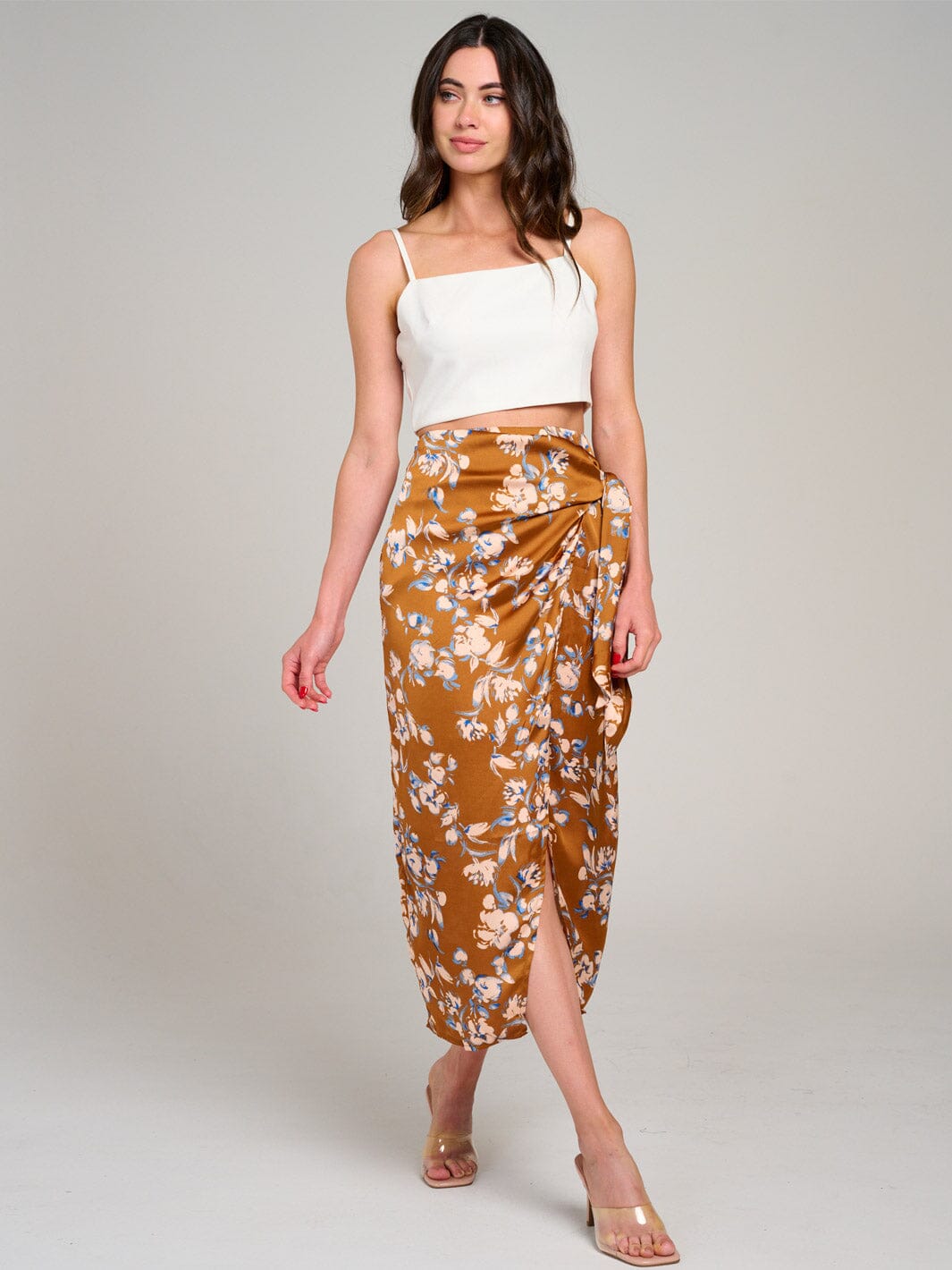 WOMEN'S ELASTIC WAIST FLOWER PRINT WRAP MIDI SKIRT