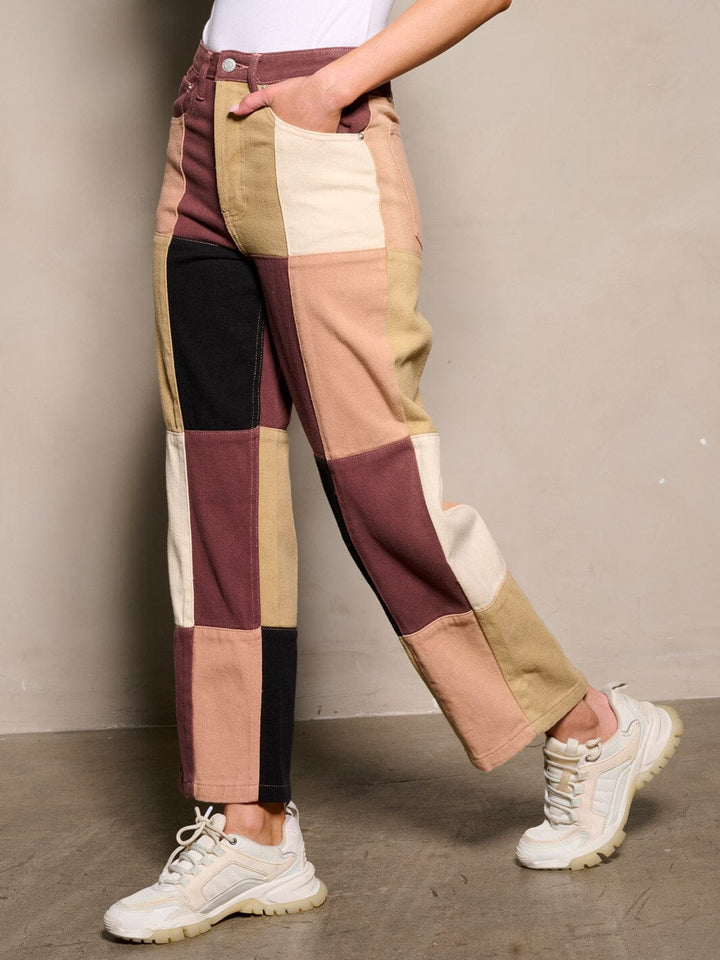 WOMEN'S BUTTON CLOSURE POCKETS COLORBLOCK DENIM PANTS