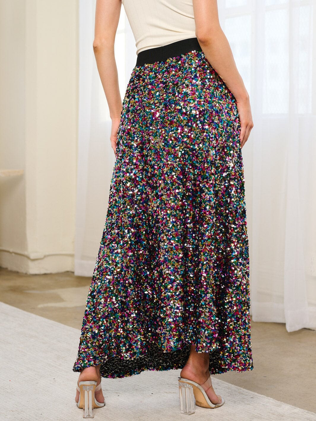 WOMEN'S ELASTIC WAIST SEQUINS MAXI SKIRT