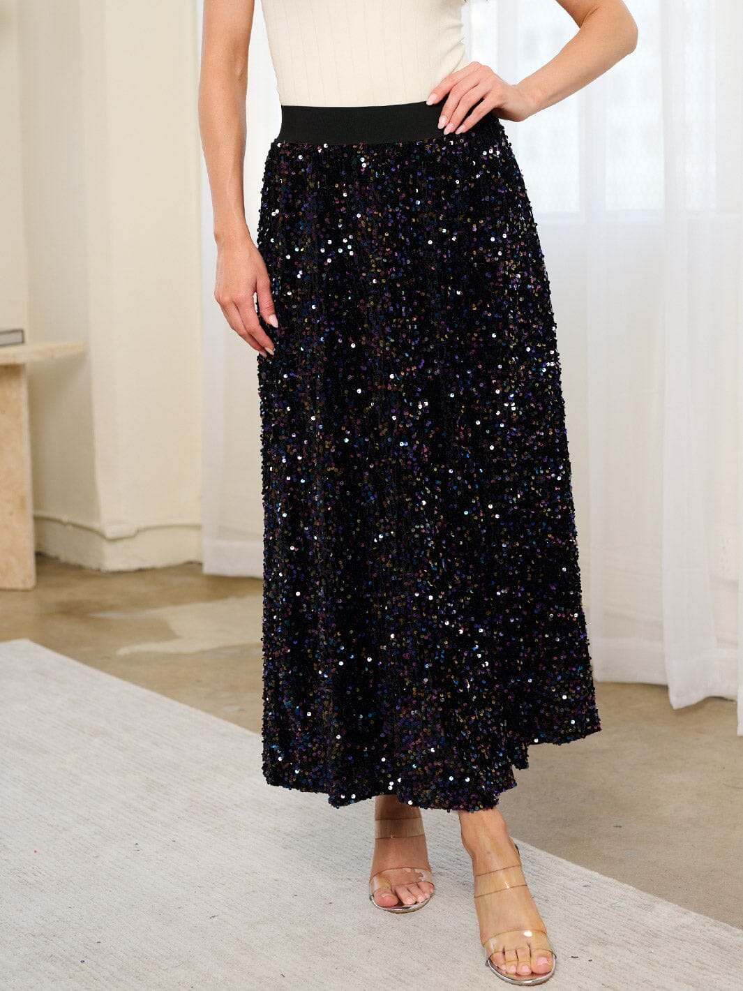 WOMEN'S ELASTIC WAIST SEQUINS MAXI SKIRT