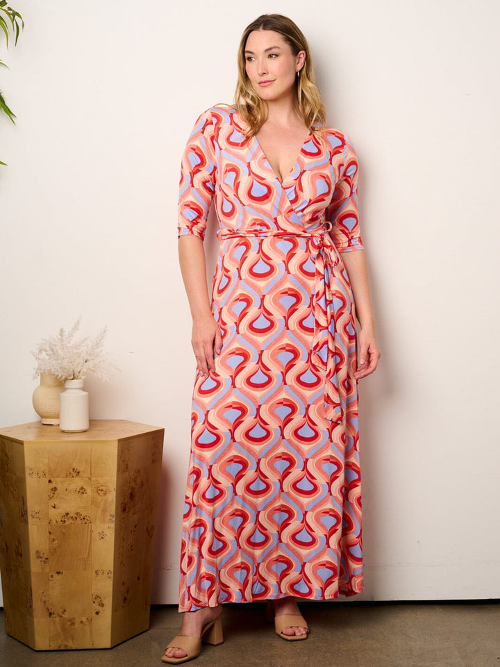 PLUS SIZE SHORT SLEEVE SELF TIE SURPLICE MULTI PRINT MAXI DRESS